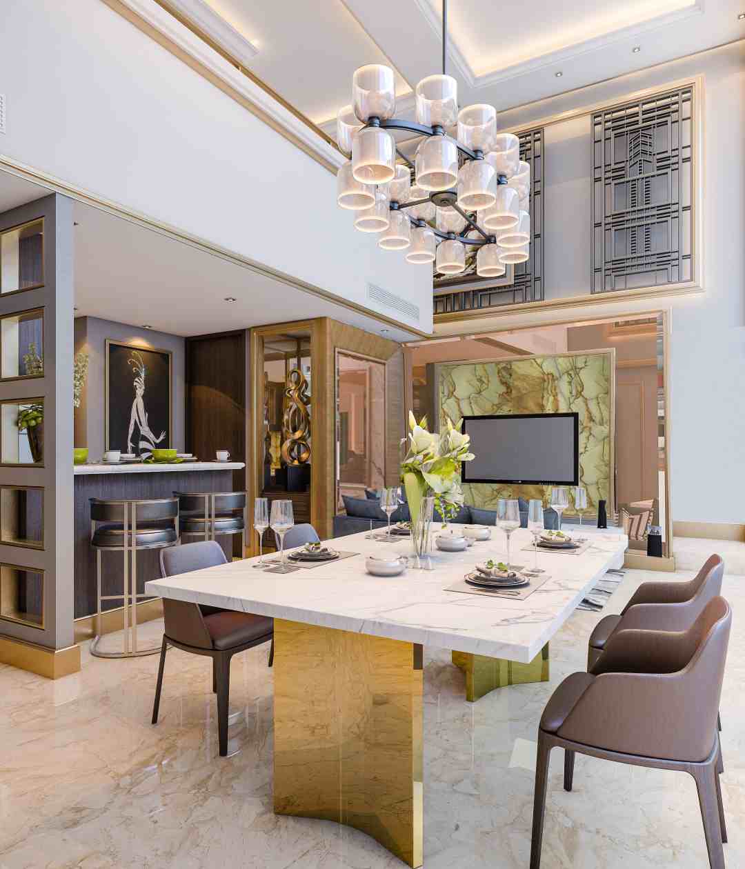 Interior Rumah Mewah dengan Lampu Gantung Mewah