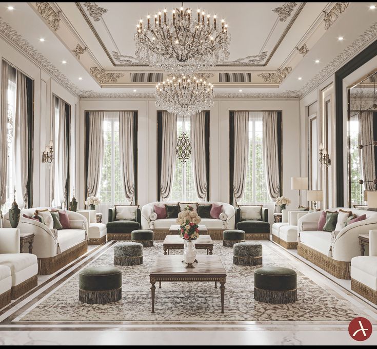 Interior Rumah Mewah bergaya klasik mewah dengan chandelier kristal, langit-langit tinggi berornamen detail, serta furnitur simetris yang menyatu dengan elemen arsitektural seperti jendela tinggi dan moulding dekoratif.